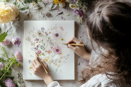 A person is painting a delicate floral composition using watercolors while fresh flowers are scattered around.の写真素材