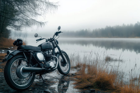 A classic motorcycle is parked near a foggy lake surrounded by tall grasses and trees in early morning.の写真素材