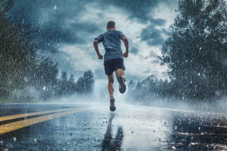 A person runs swiftly on a wet road as rain pours down, surrounded by dark clouds and trees.の写真素材