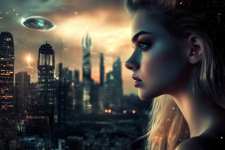 A woman gazes at a UFO above a futuristic city at dusk, merging nature and technology.の写真素材