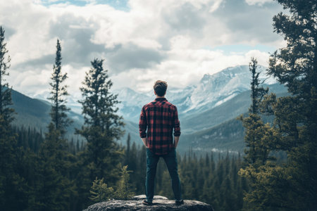 A person stands on a rock, looking out at majestic mountains surrounded by evergreen trees on a cloudy day.の写真素材