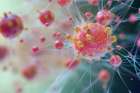 Colorful cells and structures intertwine in a complex network showing biological interactions and dynamics.の写真素材