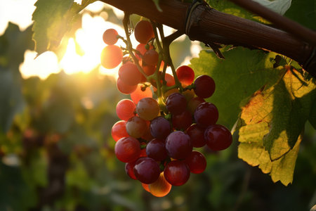Clusters of ripe grapes glow softly in the warm light of a sunset in a lush vineyard.の写真素材