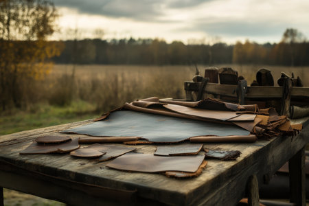 Crafting leather materials on a rustic table surrounded by nature under a moody sky at dusk.の写真素材