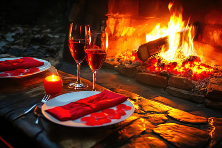 Cozy dinner arrangement featuring candles, wine, and warm lighting next to a crackling fireplace.の写真素材
