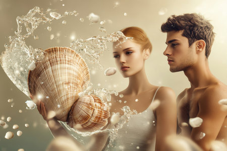 A young couple holds large seashells while water splashes around them in an ethereal, softly lit setting.の写真素材