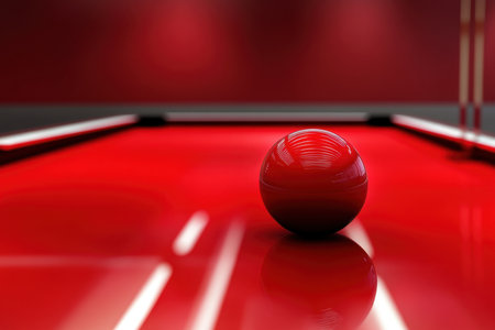 A solitary red billiard ball rests on a bright red pool table, reflecting soft light and shadows.の写真素材