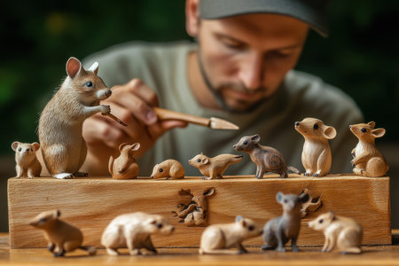 A person meticulously carves small mouse figures from wood in a tranquil workshop surrounded by nature.の写真素材