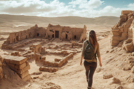 A traveler walks through an archaeological site surrounded by sandy terrain and remnants of ancient structures.の写真素材
