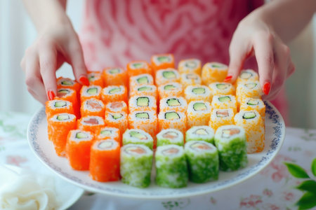 Hands with red nails delicately arrange a vibrant sushi platter with various rolls on a floral tablecloth.の写真素材