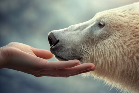 A person gently reaches out to touch the nose of a curious polar bear in a calm natural environment.の写真素材