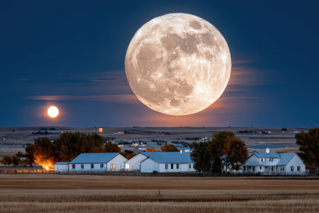 Farmhouses in a rural field with an oversized full moon in the night skyの写真素材