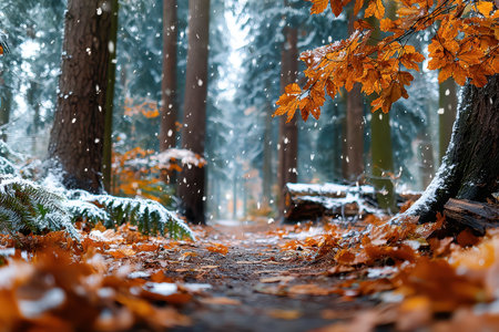 A snowy forest path covered with colorful autumn leavesの写真素材