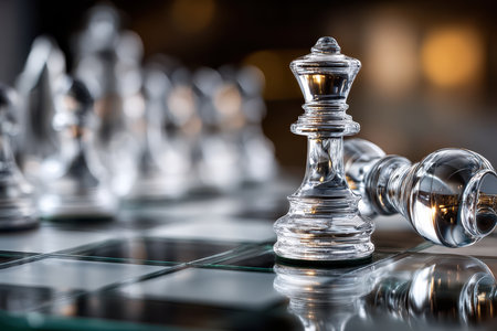 Closeup of a glass chess queen on a reflective boardの写真素材