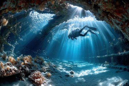 A scuba diver explores a sunlit underwater caveの写真素材