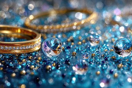Gold rings and crystals sparkle on a bed of blue glitterの写真素材