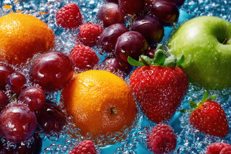 Assortment of fresh fruit submerged in bubbly blue waterの写真素材