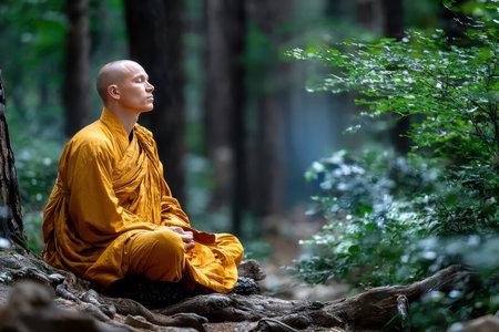 A person in a yellow robe meditates serenely in a peaceful forest settingの写真素材