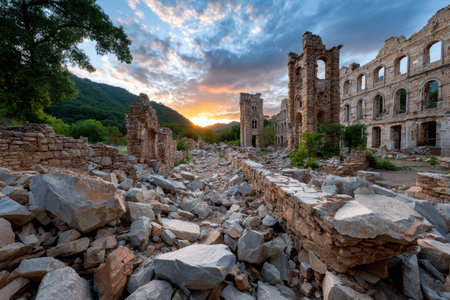 Remains of a historic stone building at sunset, surrounded by rubble and treesの写真素材