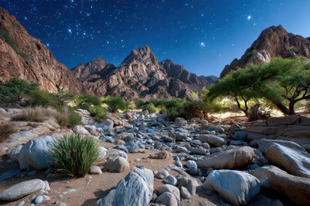 A rocky riverbed winds through a desert canyon under a starry night skyの写真素材
