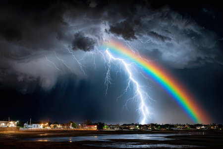 Lightning strikes near a colorful rainbow over a small town at nightの写真素材