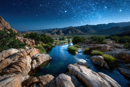 A desert oasis with a stream flowing through rocks under a starry night skyの写真素材