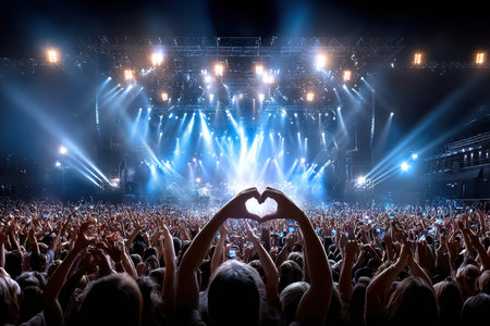 Crowd enjoys a live concert with hands raised and heart shape made by two handsの写真素材