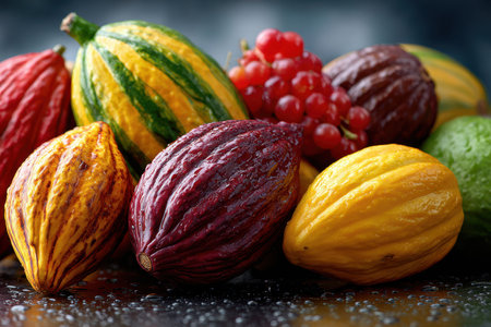 Colorful cocoa pods and gourds sit on a dark, wet surfaceの写真素材