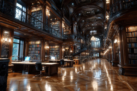 An empty, ornate library interior with a spiral staircase and many booksの写真素材
