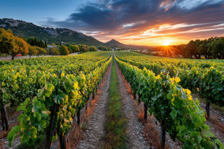 Rows of grapevines stretch across a vineyard at sunset, beneath a colorful skyの写真素材