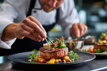 A chef adds a garnish to a freshly cooked steak on a plateの写真素材