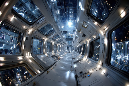 A lone astronaut walks down a futuristic space station corridorの写真素材