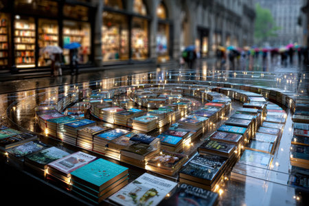 Books arranged in a spiral shape on a wet city streetの写真素材