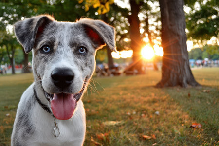 A closeup of a happy puppy in a park during golden hourの写真素材