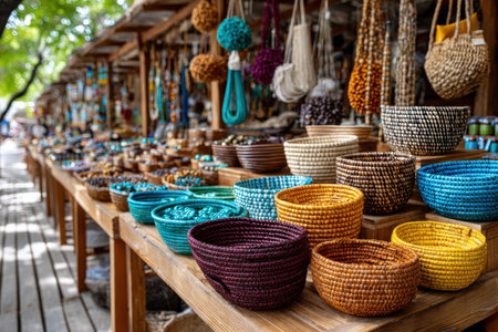 Colorful woven baskets and beaded jewelry displayed on a wooden market stallの写真素材