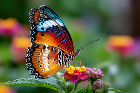 A colorful butterfly with intricate wing patterns rests on a flowerの写真素材