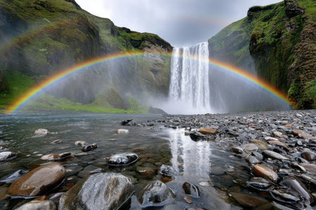 A waterfall cascades into a rocky riverbed with a rainbow arching overheadの写真素材