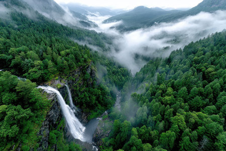 A waterfall cascades down a cliff into a misty valley surrounded by lush green forestの写真素材