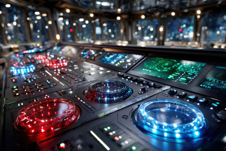 A futuristic control panel illuminated by glowing red and blue lightsの写真素材
