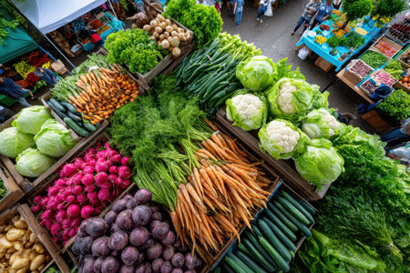 Overhead view of colorful vegetables displayed in crates at an outdoor marketの写真素材