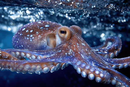 An octopus with speckled skin and large eyes swims in dark blue waterの写真素材
