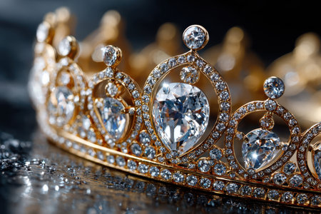 A gold crown studded with sparkling diamonds rests on a dark, wet surfaceの写真素材