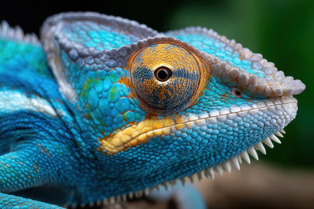 Closeup view of a vibrant blue and yellow chameleonの写真素材