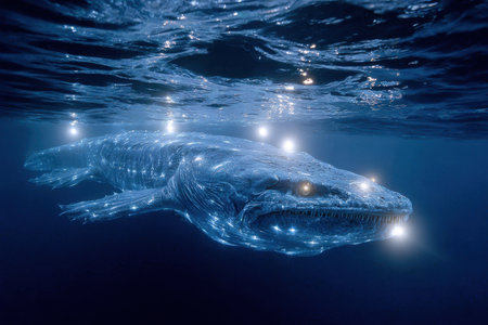 A large, glowing, prehistoric sea creature swims in dark blue waterの写真素材