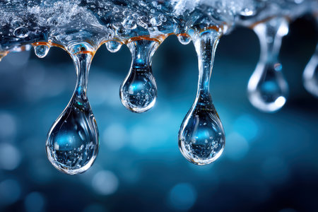 Closeup of transparent water drops against a blurred blue backdropの写真素材