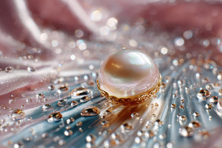 A large pearl rests on silky, rippled fabric adorned with water dropletsの写真素材