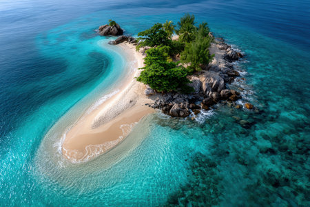 Aerial view of a small, secluded tropical island with a white sand beach surrounded by turquoise waterの写真素材