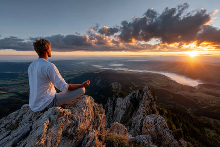 A man meditates on a rocky mountain peak overlooking a valley at sunsetの写真素材