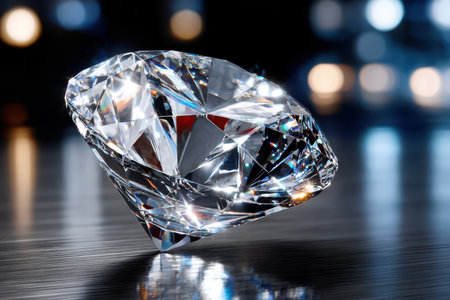 A large, sparkling diamond rests on a dark, reflective surfaceの写真素材
