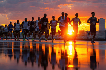 Runners in a marathon silhouetted against a vibrant sunsetの写真素材